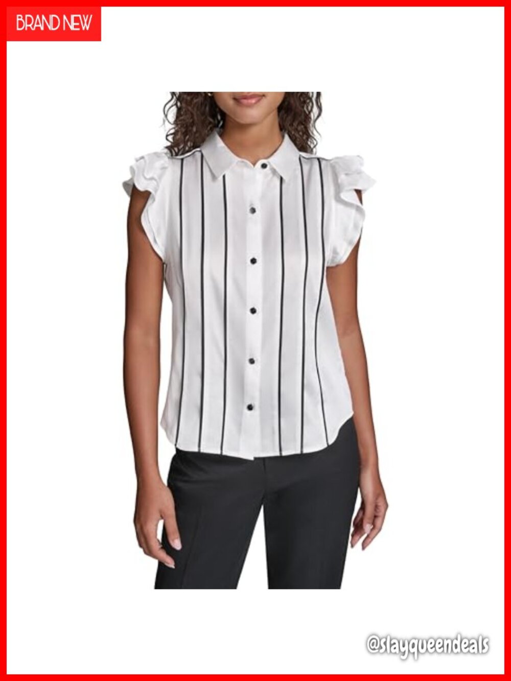 Womens Ruffle Sleeve Collared Neck Button Down Blouse Striped Work Shirt